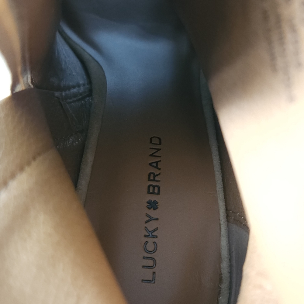 Lucky Brand‎ LK Lureli Suede Peep Toe Wedge Booties Womens 9M Tan Leather Ankle - Picture 9 of 12